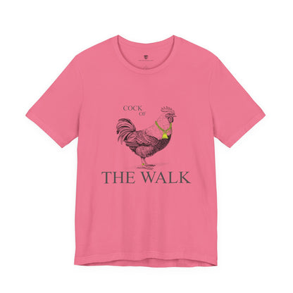 Pink t-shirt with a rooster graphic and text on a white background