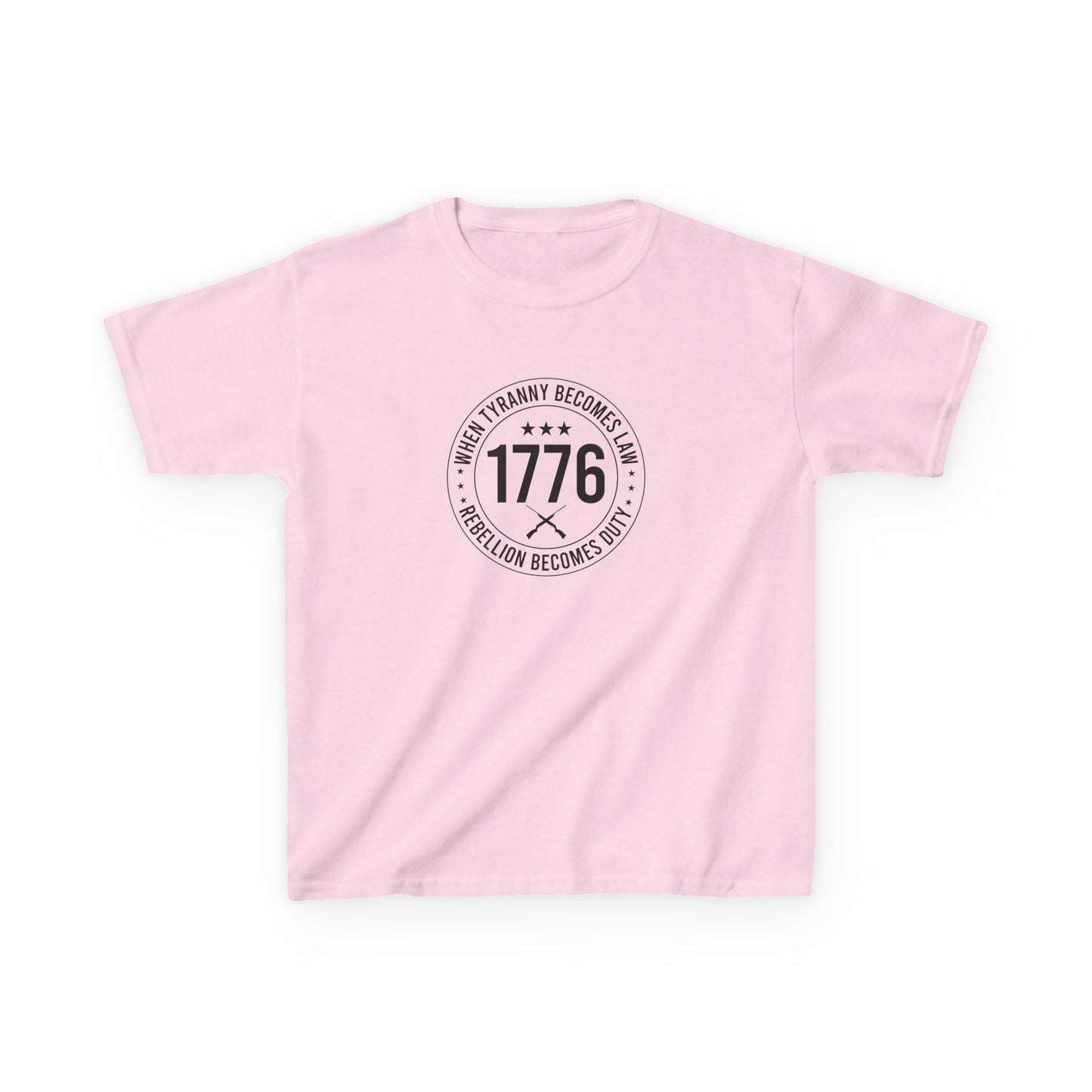 Pink t-shirt with black text and design on a white background