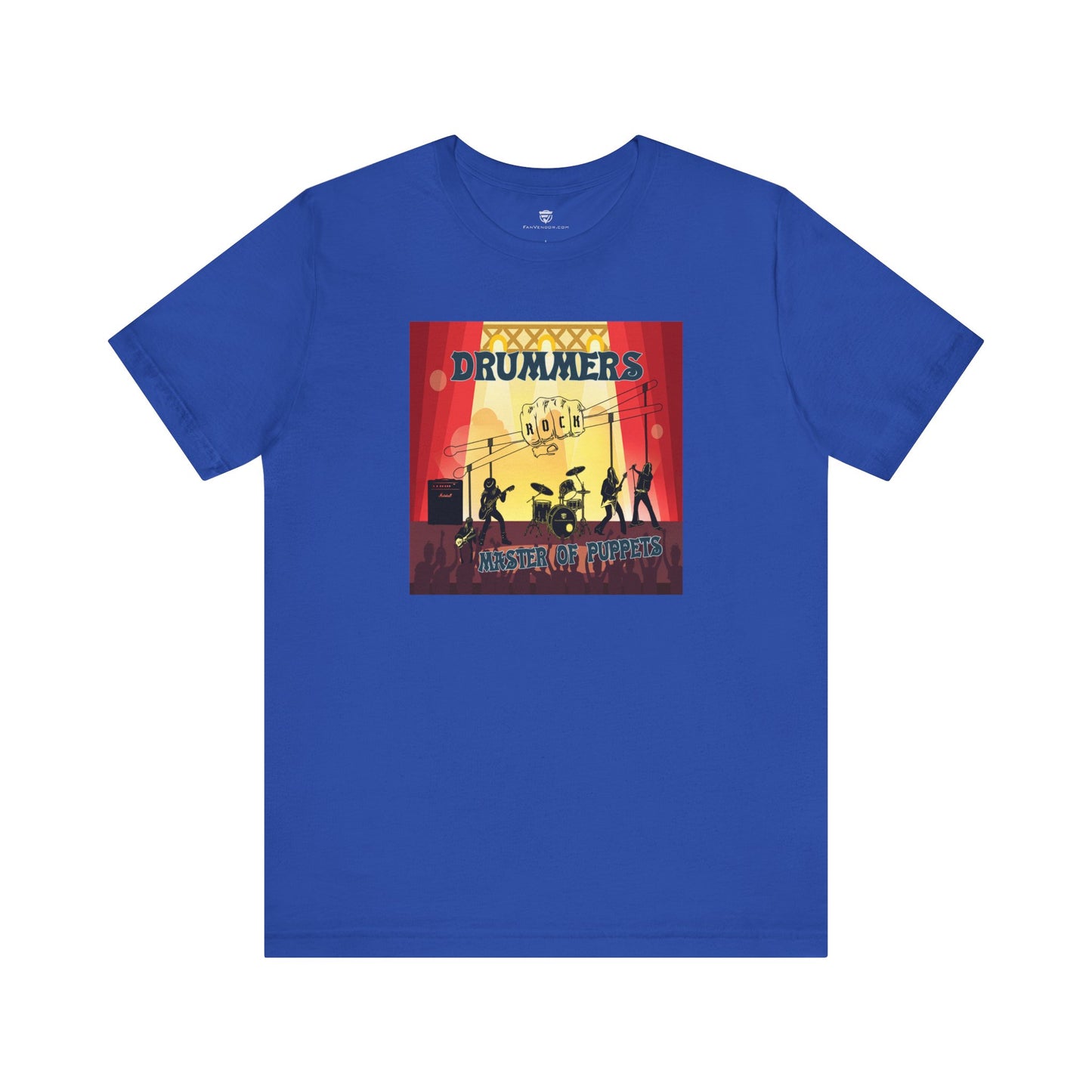 Blue t-shirt with a colorful graphic design on a white background