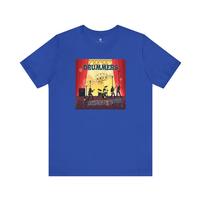 Blue t-shirt with a colorful graphic design on a white background
