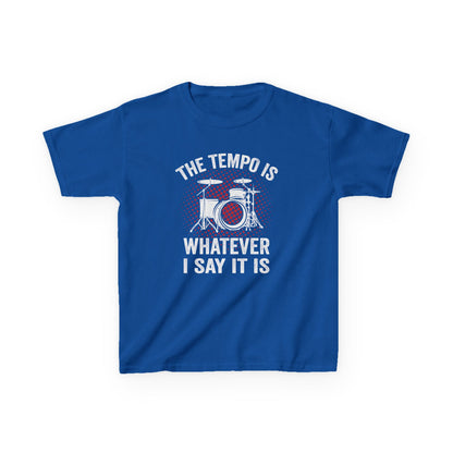 Blue t-shirt with drum design and text on a white background