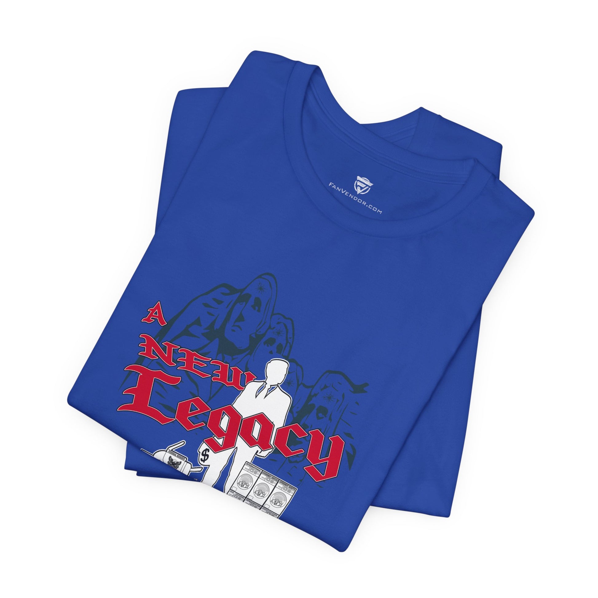 Blue t-shirt with 'A New Legacy' graphic design on a white background