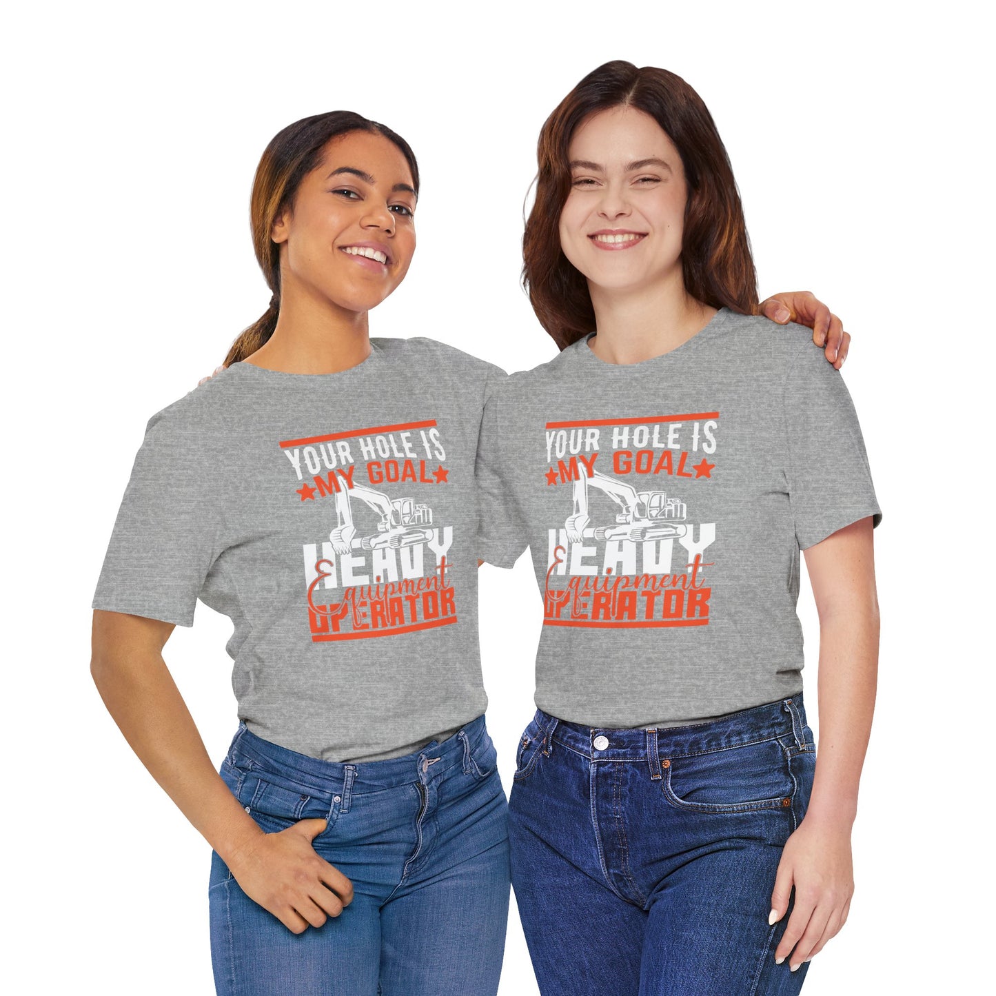 Two people wearing gray t-shirts with a design and text on a white background