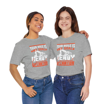 Two people wearing gray t-shirts with a design and text on a white background