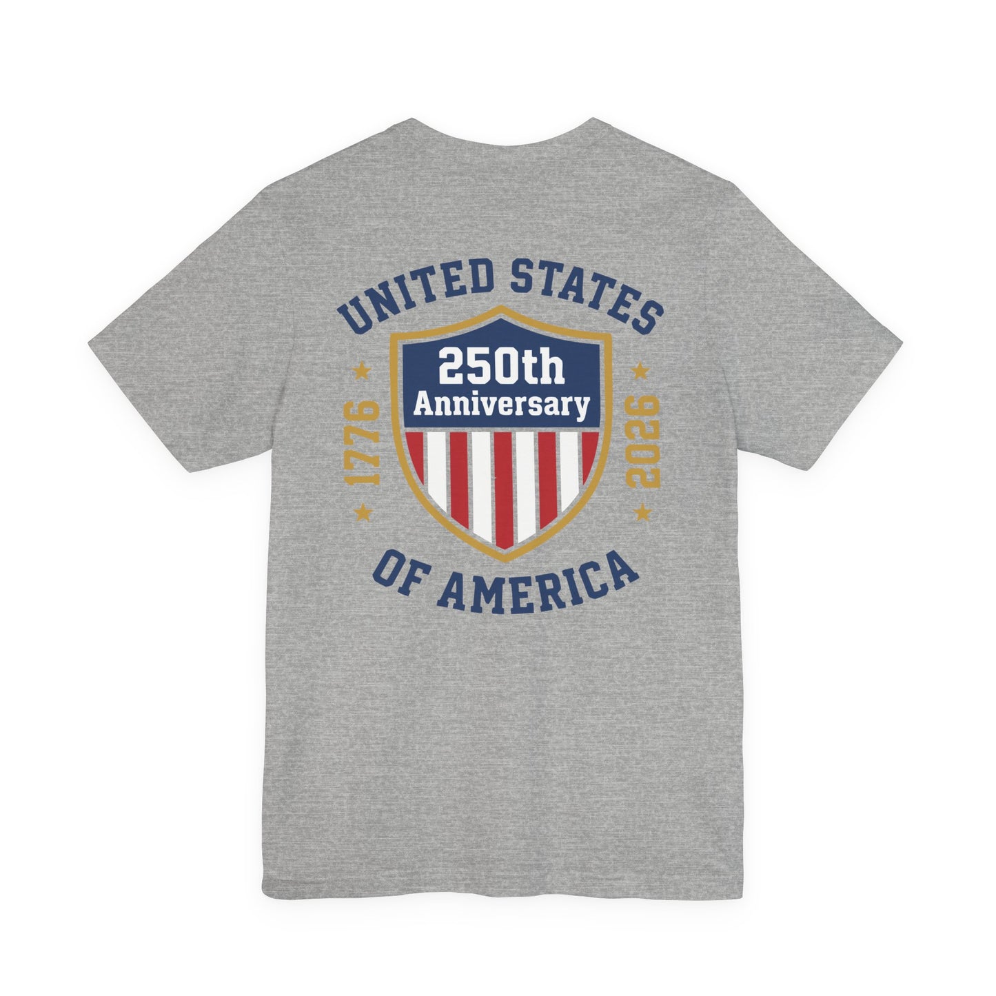 Gray t-shirt with 'United States 250th Anniversary of America' design on a white background