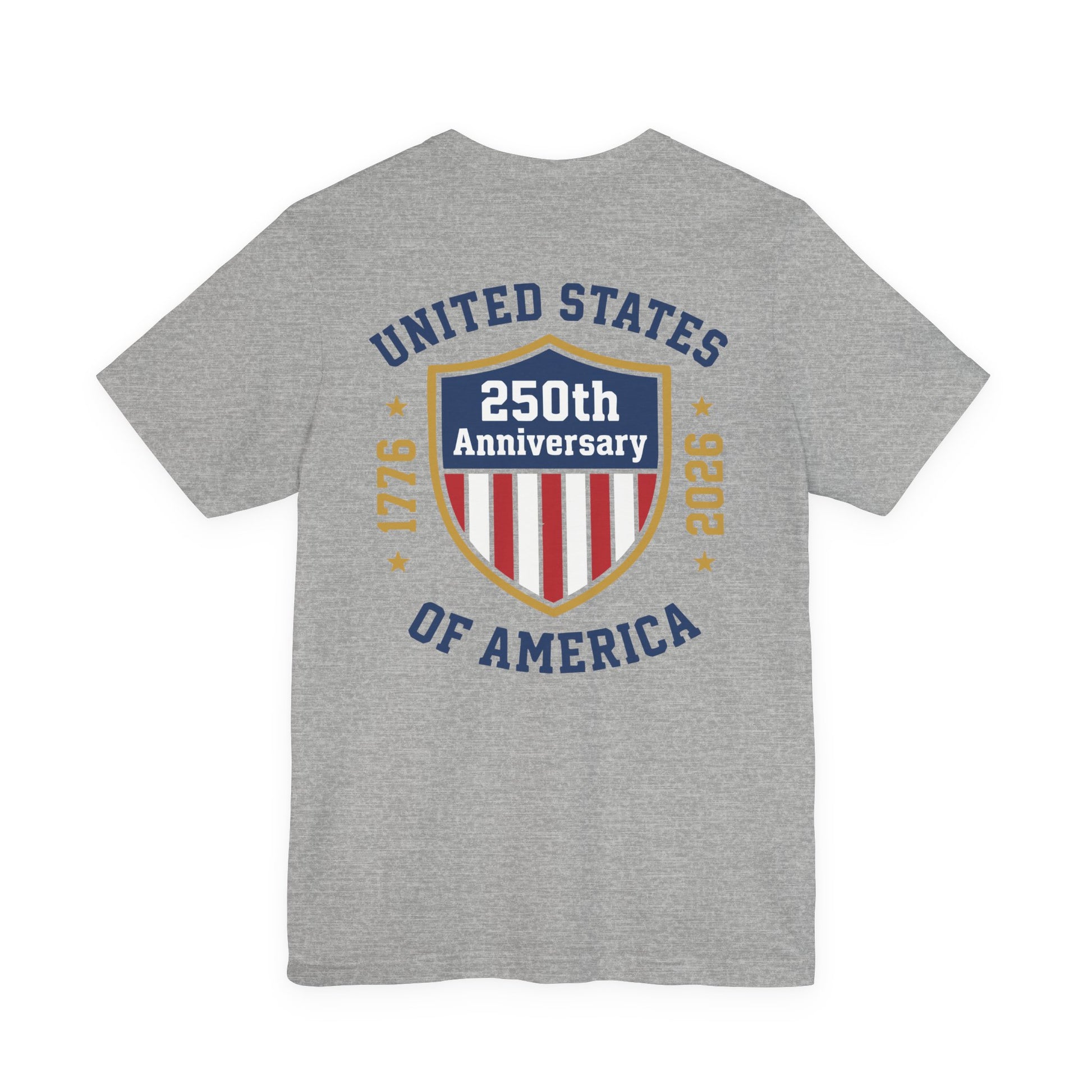 Gray t-shirt with 'United States 250th Anniversary of America' design on a white background