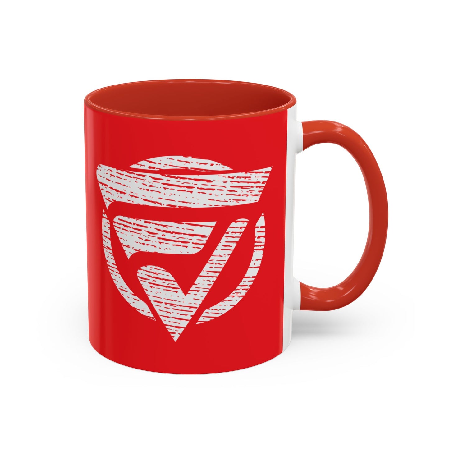 Red mug with a white logo on a white background