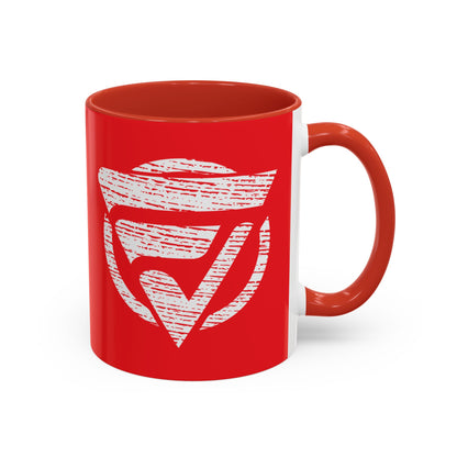 Red mug with a white logo on a white background