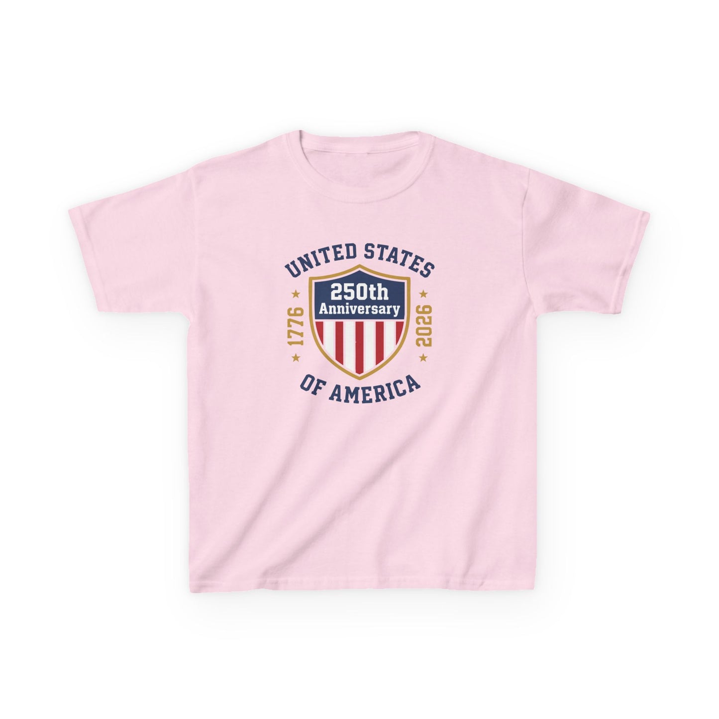 Pink t-shirt with 250th Anniversary of the United States design on a white background