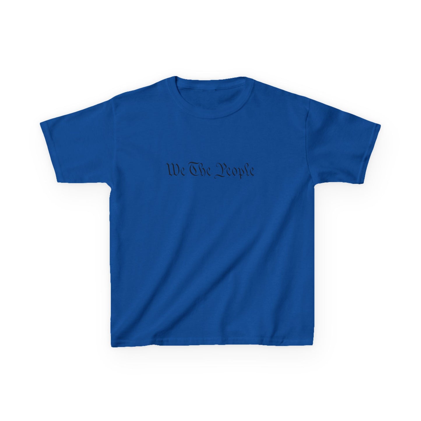 Blue t-shirt with 'We The People' text and graphic on a white background