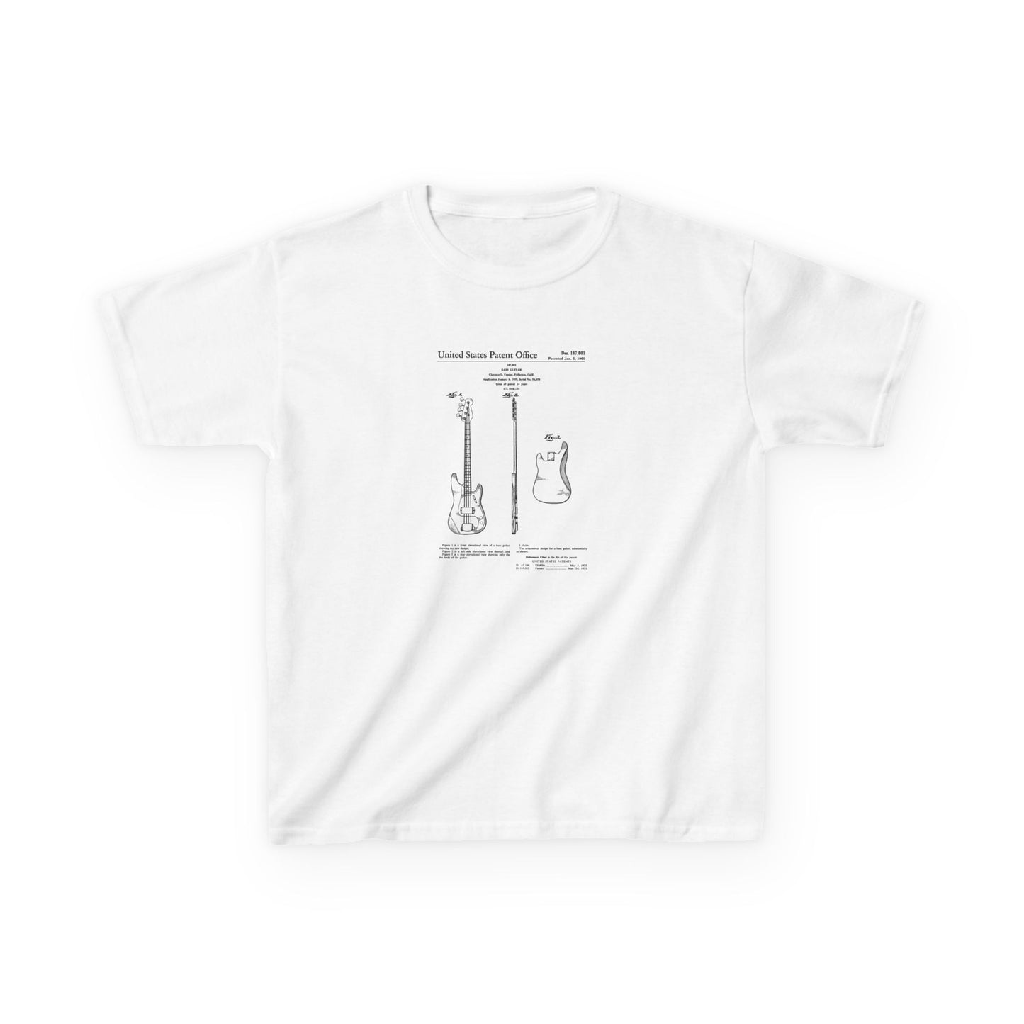 White t-shirt with black geometric designs on a white background