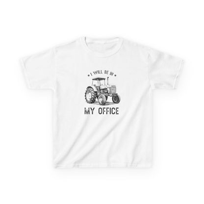 White t-shirt with a tractor graphic and text on a white background