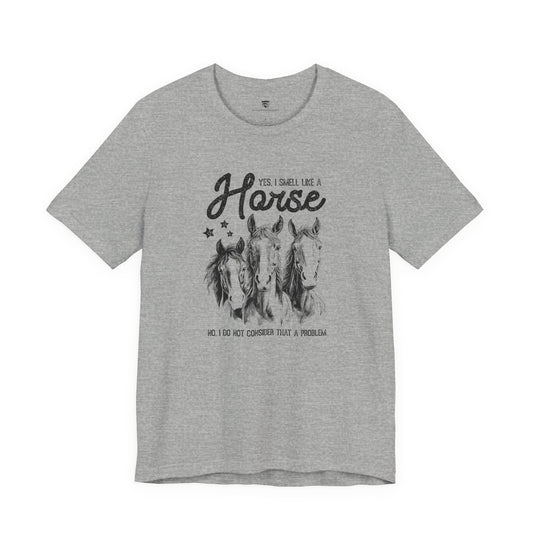 Gray t-shirt with horse graphic and text 