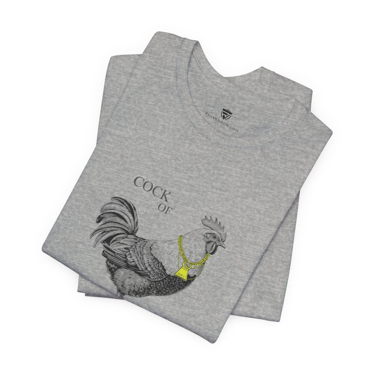 Folded gray t-shirt with a rooster design and text on a white background