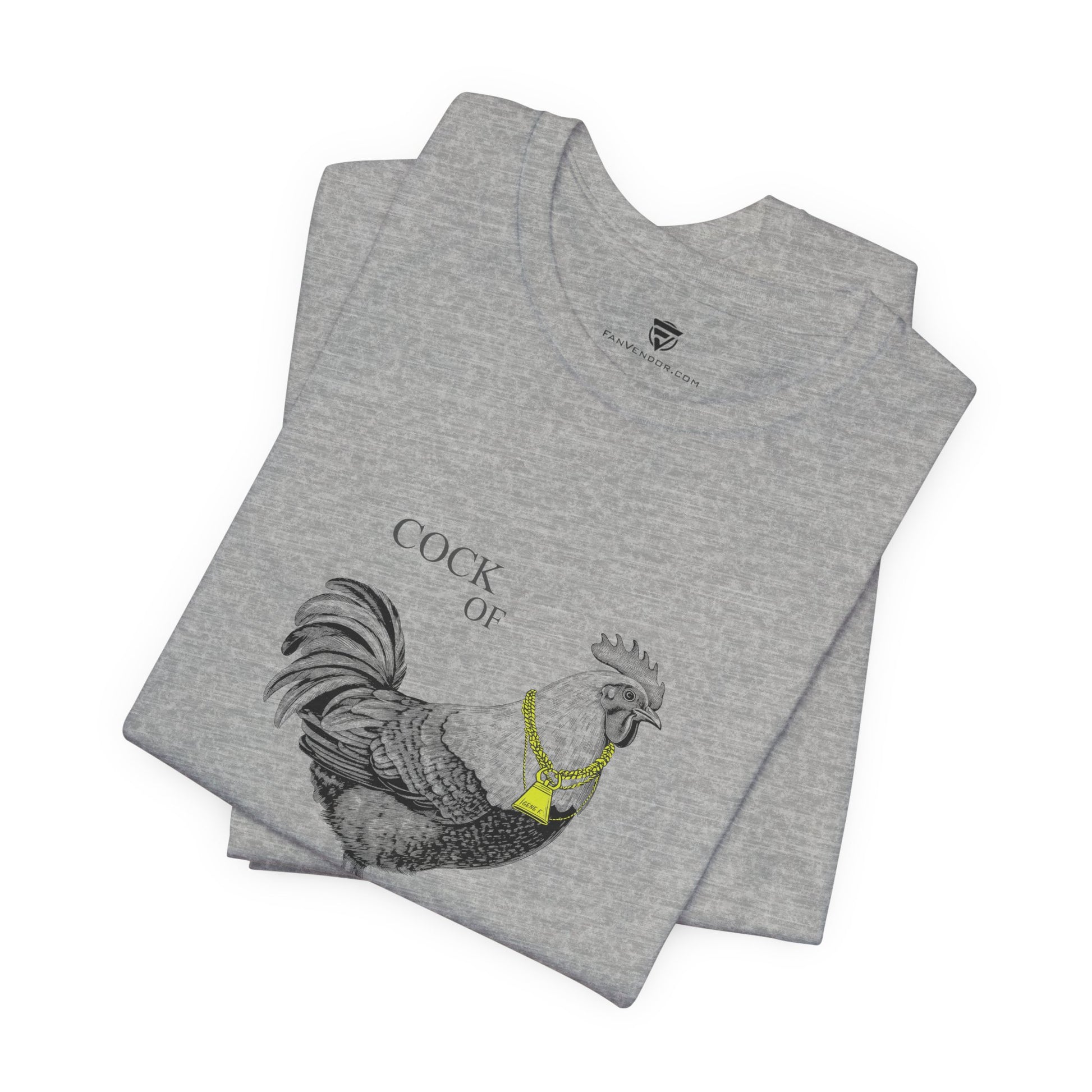 Folded gray t-shirt with a rooster design and text on a white background