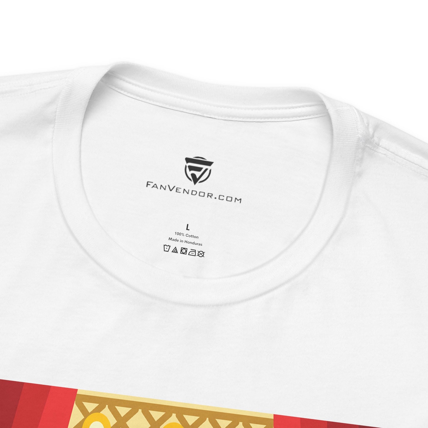 White t-shirt with a brand logo and text on the collar, featuring 'Fanvendor.com'.