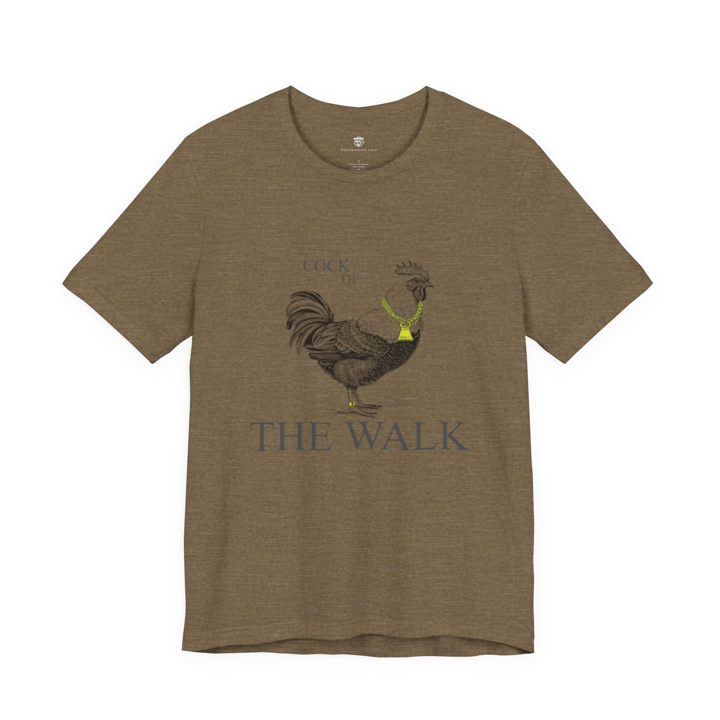 Brown t-shirt with rooster graphic and text on a white background
