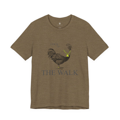 Brown t-shirt with rooster graphic and text on a white background