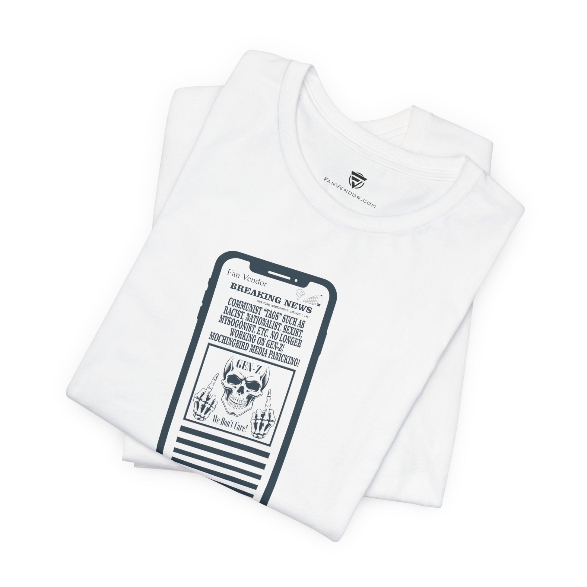 White t-shirt with a graphic design on a white background