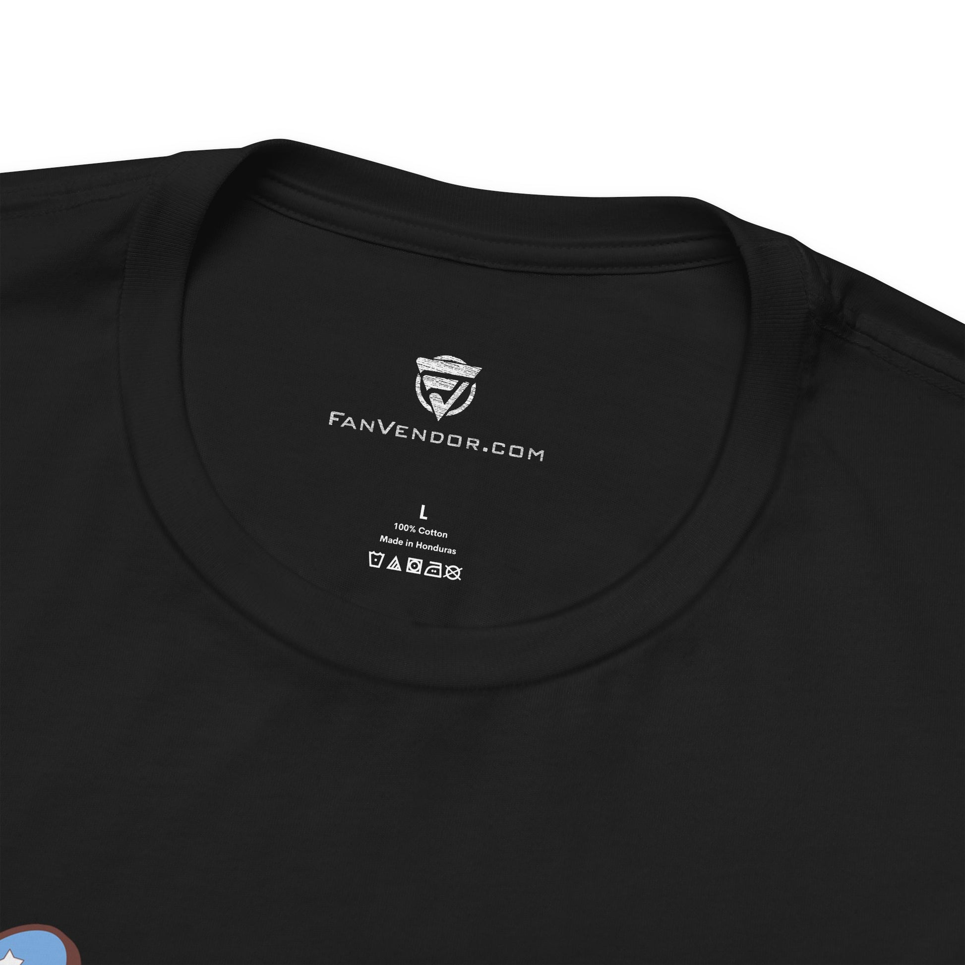 Black t-shirt with 'FanVendor.com' logo and text on a white background