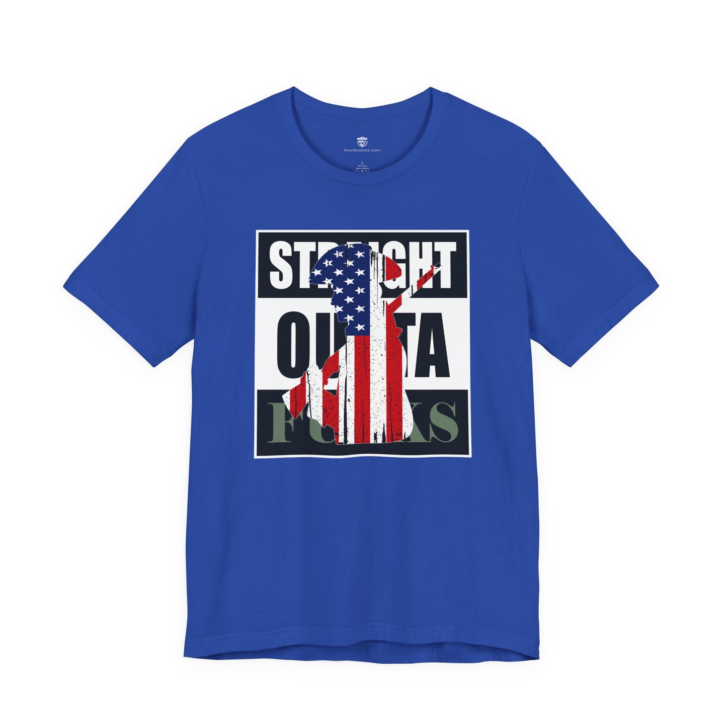 Blue t-shirt with graphic design featuring an American flag and text on a white background