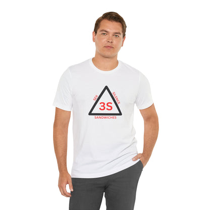 Man wearing a white t-shirt with black text on a white background
