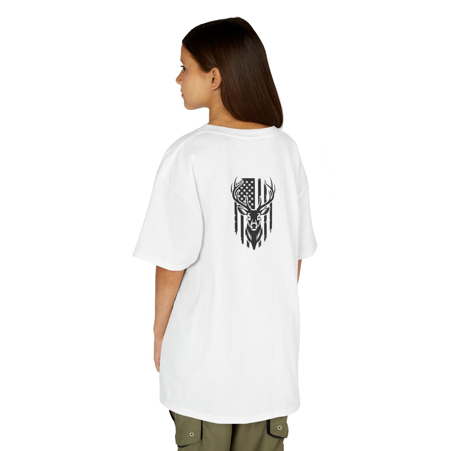 Person wearing a white t-shirt with a black graphic design on the back, standing against a white background