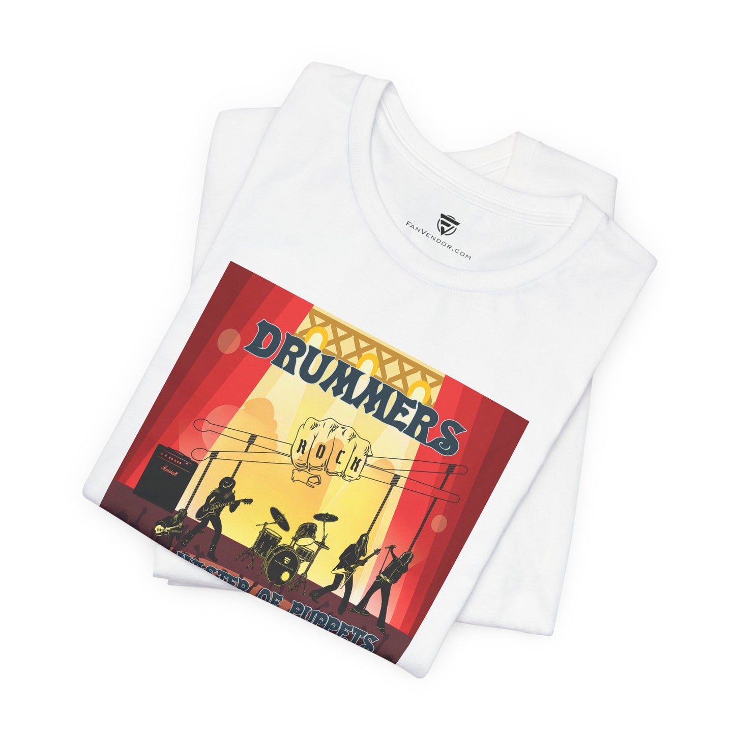White t-shirt with a colorful graphic design on a white background