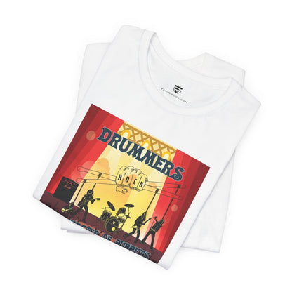 White t-shirt with a colorful graphic design on a white background