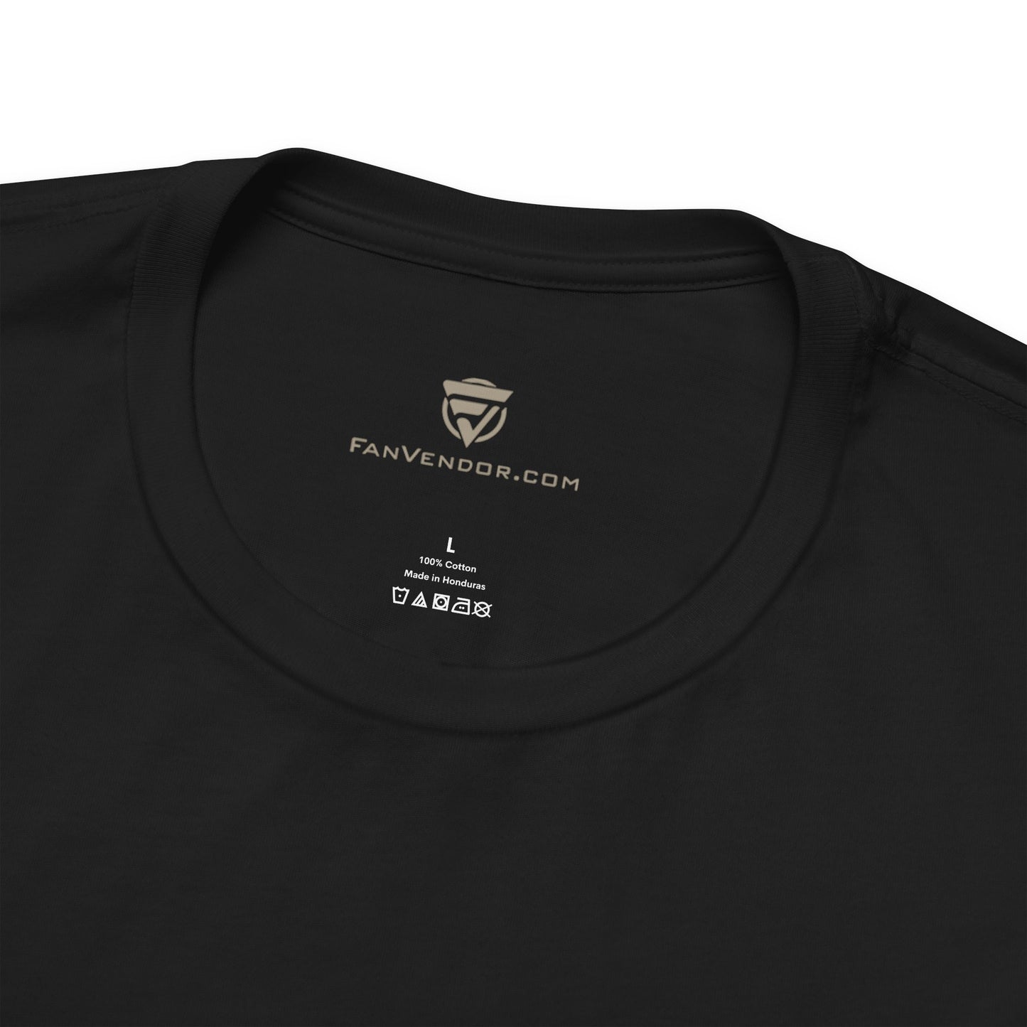 Black t-shirt with 'Fan Vendor' logo on a bronze background