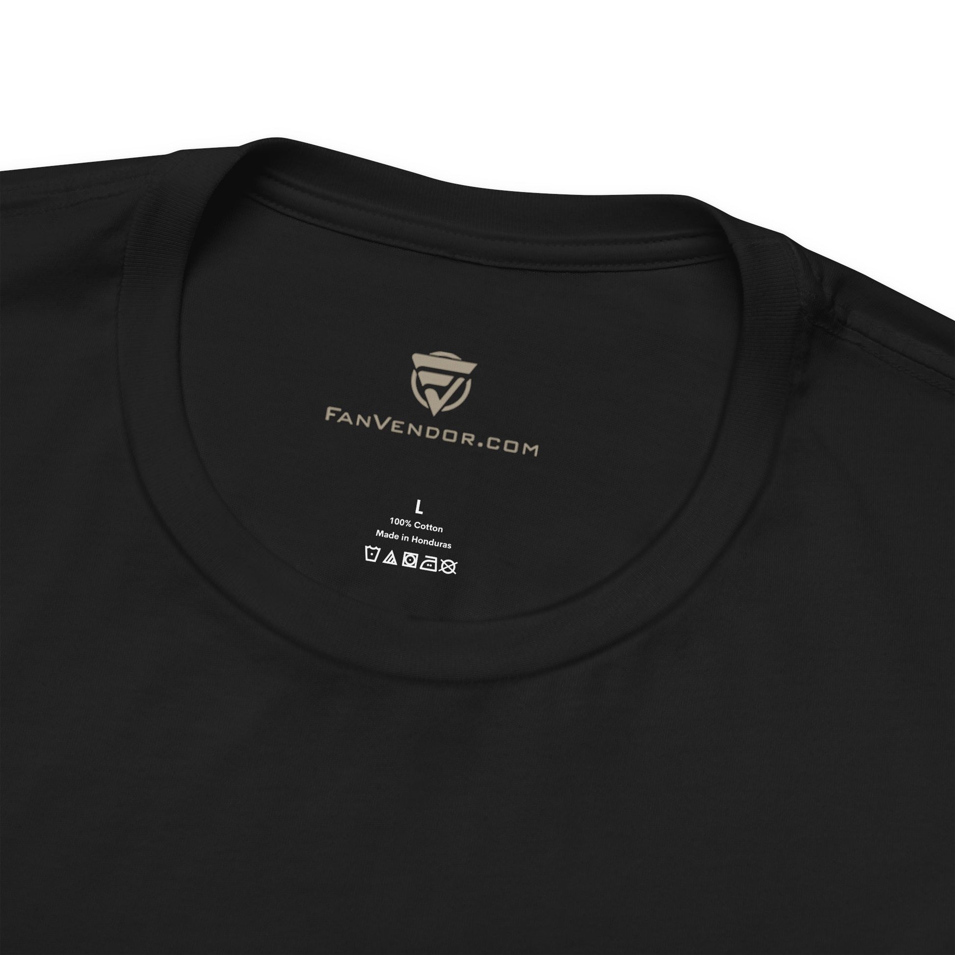 Black t-shirt with 'Fan Vendor' logo on a bronze background