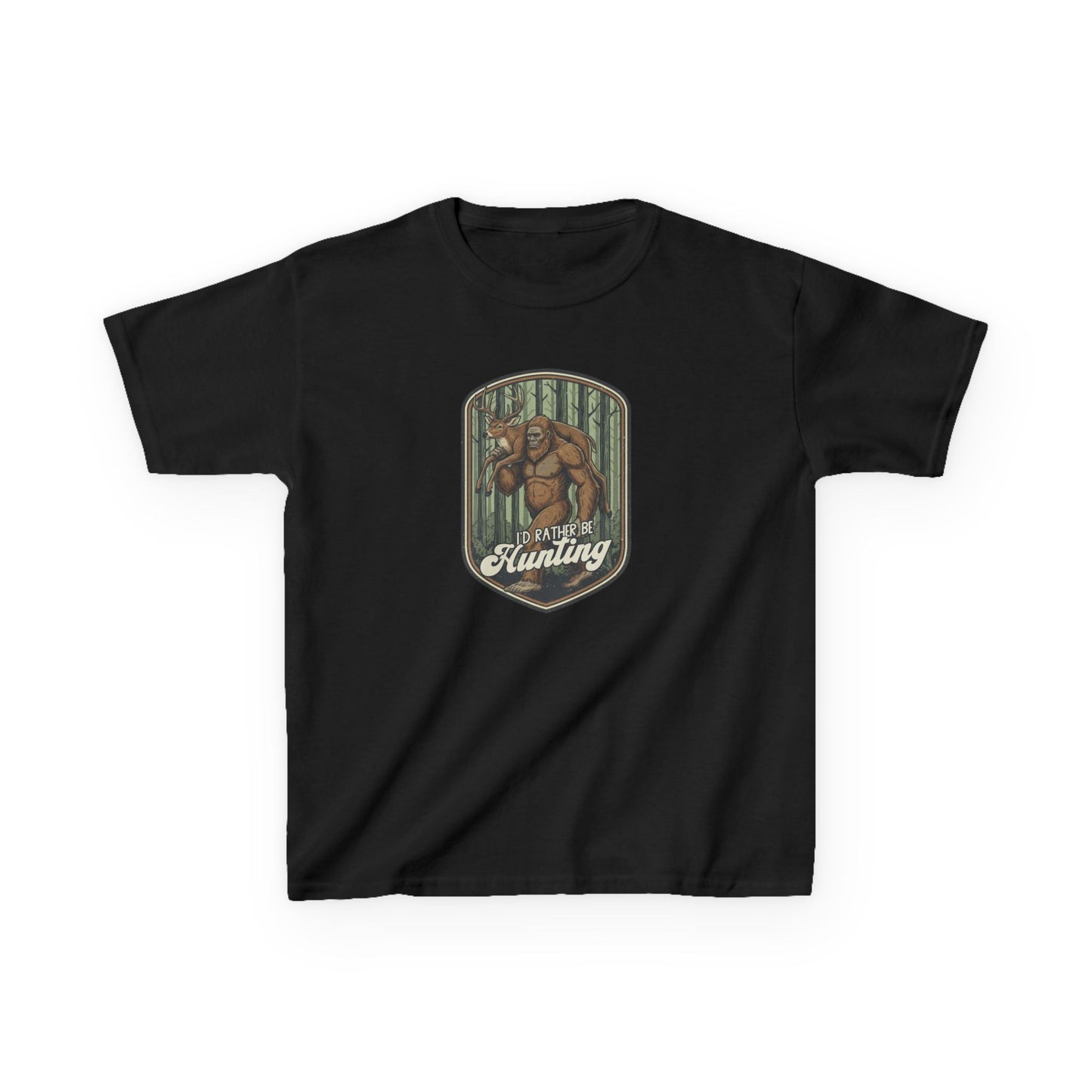 Black t-shirt with a graphic design and text on a white background