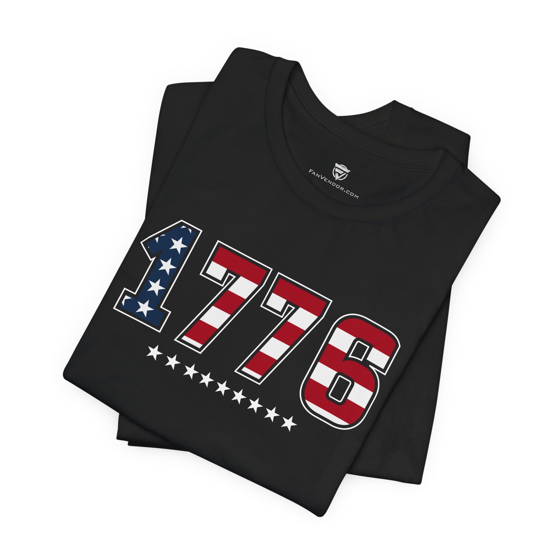 Black t-shirt with '1776' design featuring American flag colors on a white background