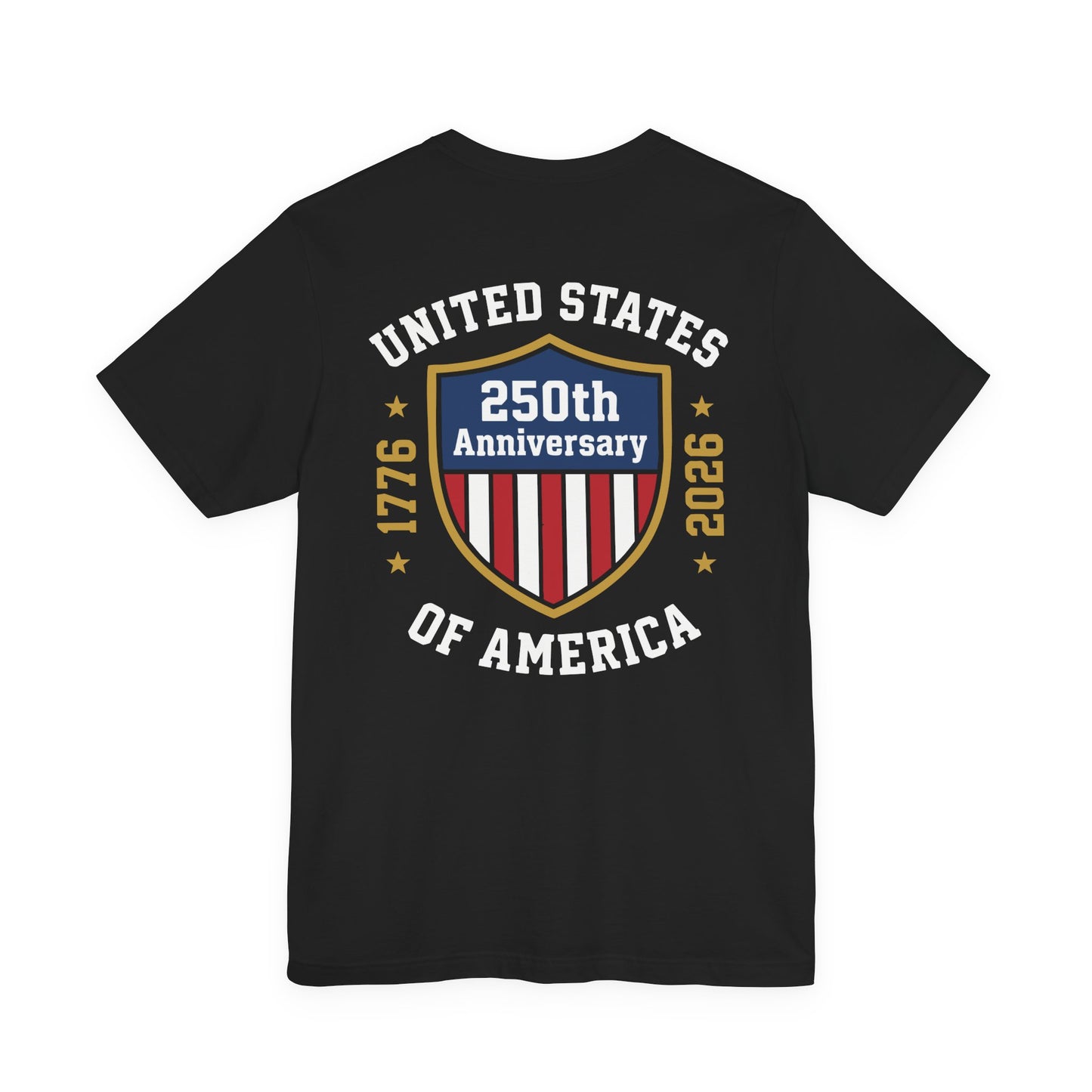 Black t-shirt with 250th Anniversary of the United States design on a white background