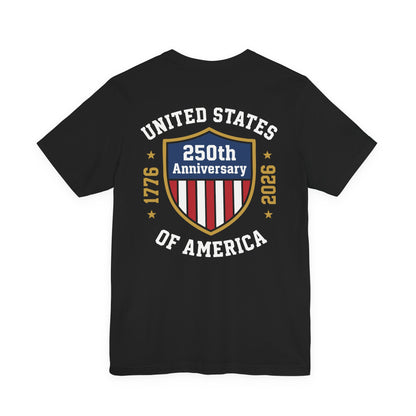 Black t-shirt with 250th Anniversary of the United States design on a white background