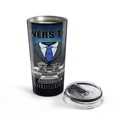 A tall insulated tumbler with a clear lid, shown on a white background. The tumbler has a dark graphic design featuring a suit and blue tie, with text.