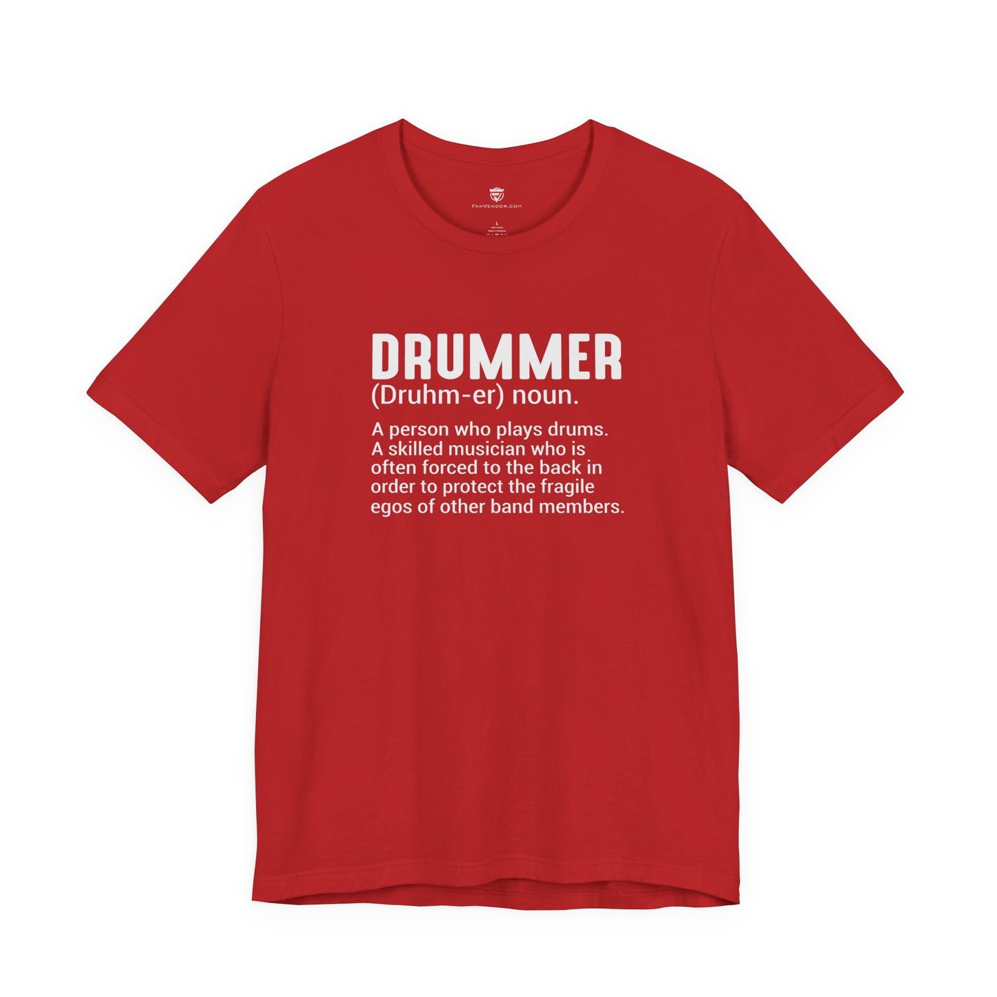 Red t-shirt with text on a white background