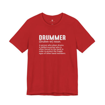 Red t-shirt with text on a white background