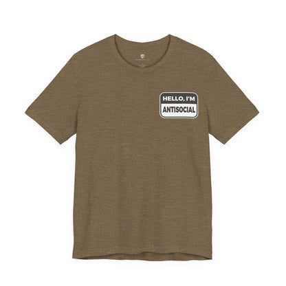 Brown t-shirt with 'HELLO, I'M ANTISOCIAL' text on a white background