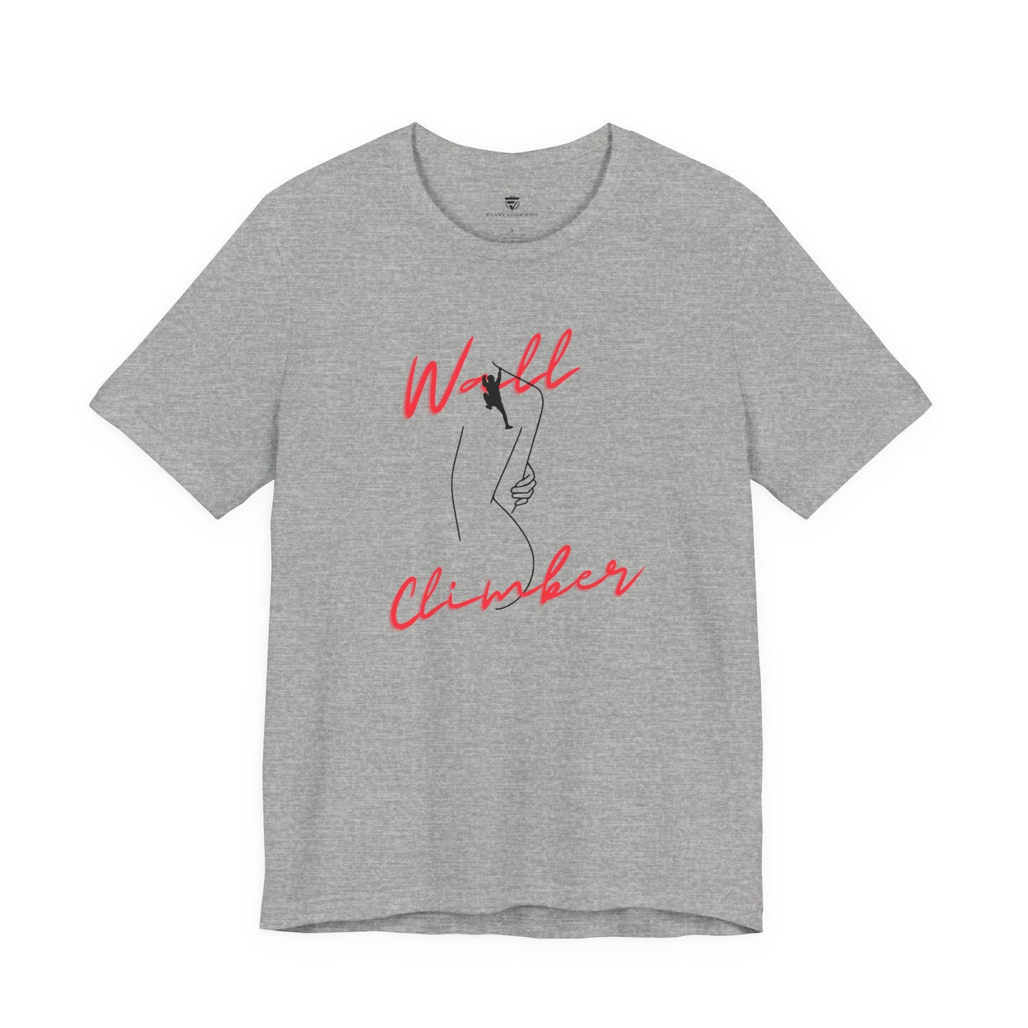 Gray t-shirt with 'Wall Climber' graphic design on a white background
