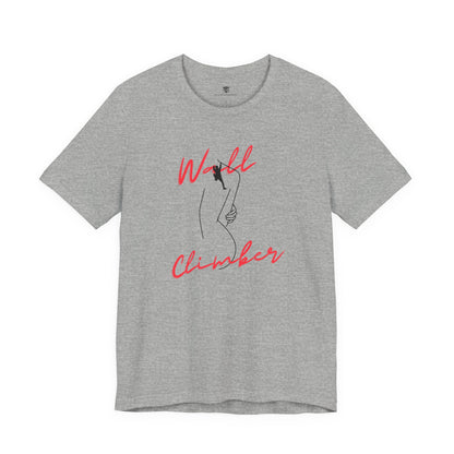Gray t-shirt with 'Wall Climber' graphic design on a white background