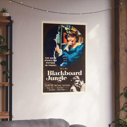 Vintage 'Blackboard Jungle' movie poster on a wall with decorative lights and plants.