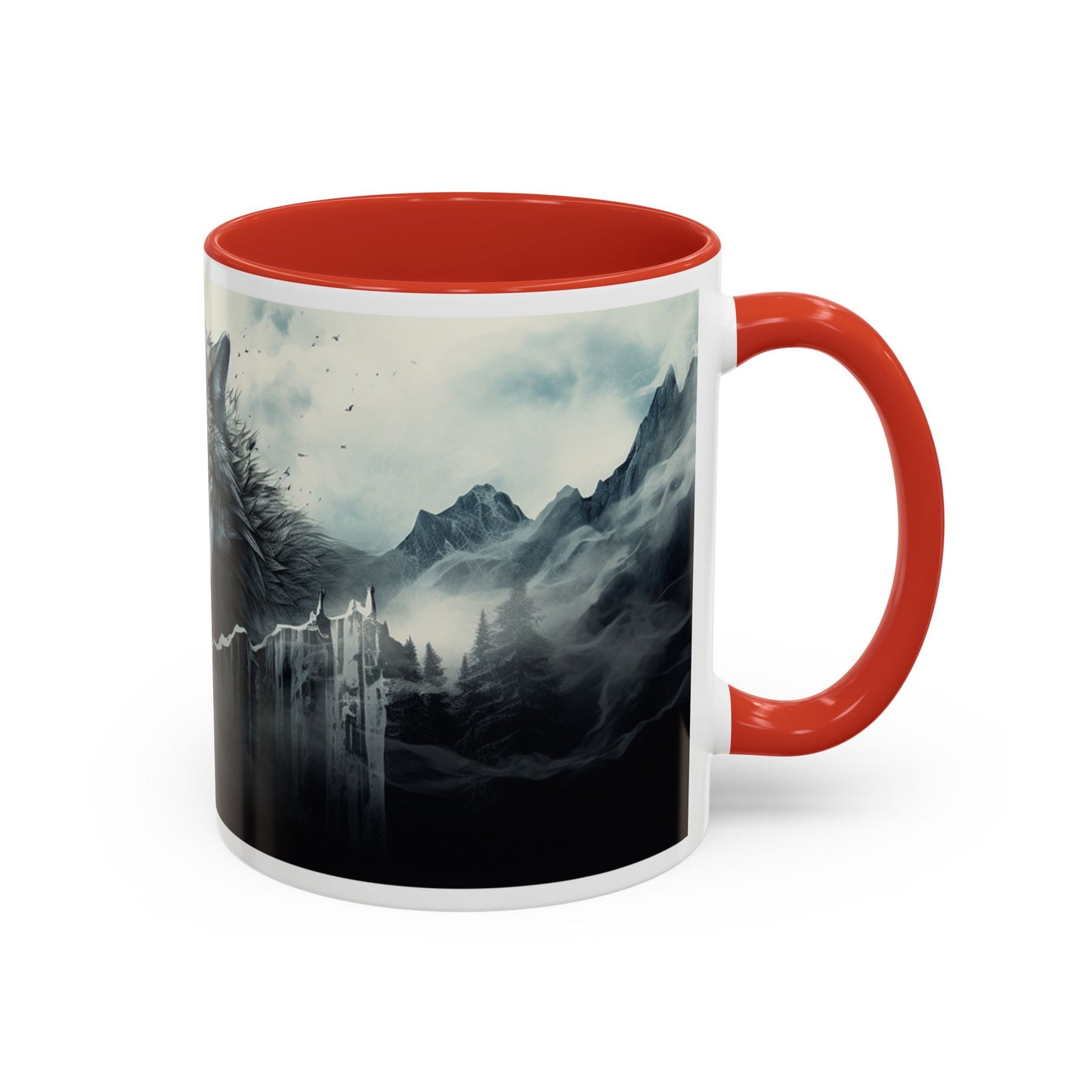 Mug with a mountain and castle design on a white background
