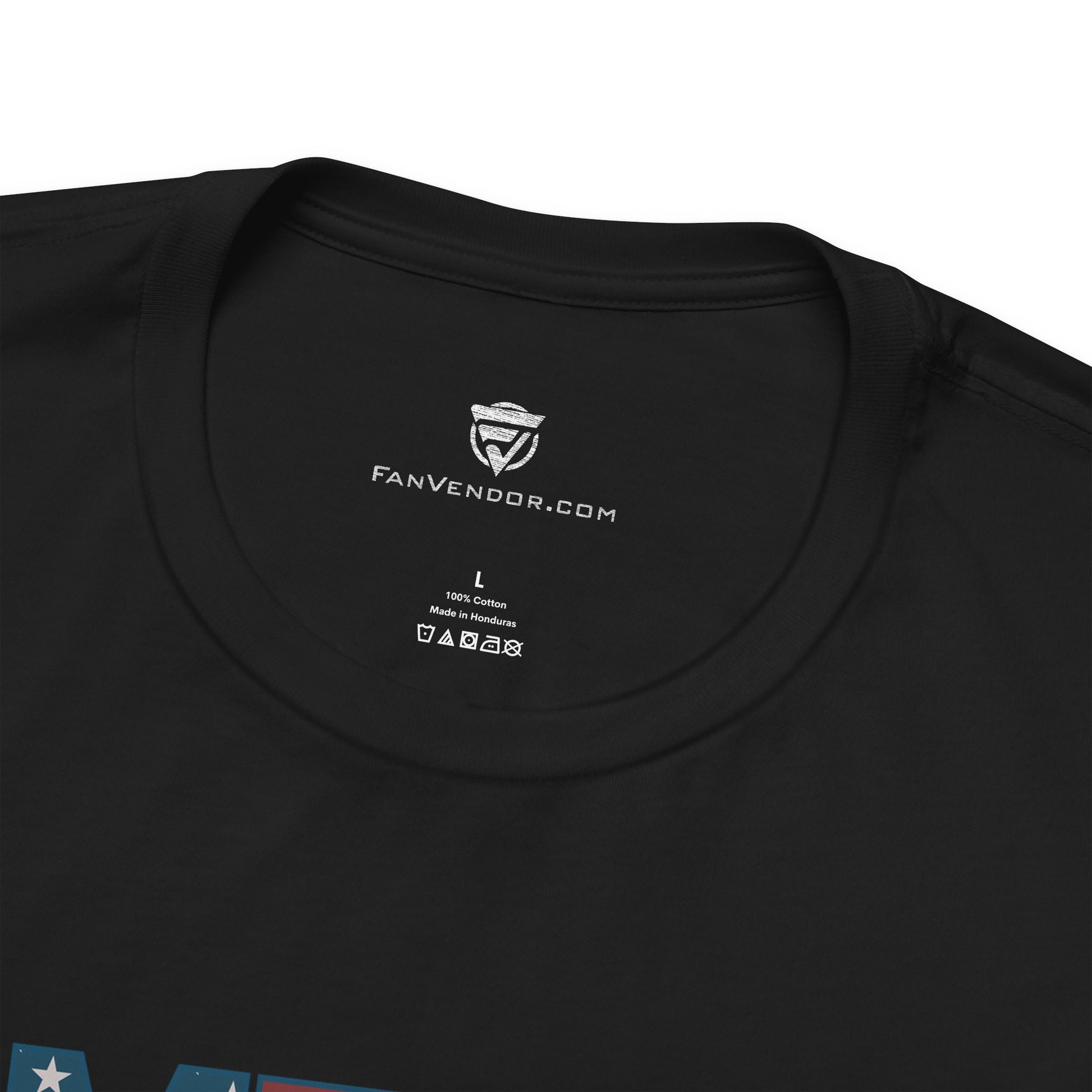 Black t-shirt with 'FanVendor.com' logo and text on a white background
