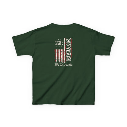 Green t-shirt with a graphic design on the back featuring '250 Years 1776-2026 We The People' text and flag pattern.