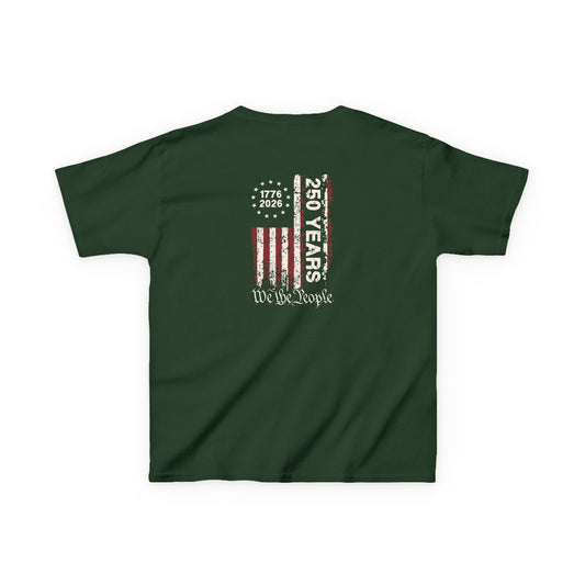 Green t-shirt with a graphic design on the back featuring '250 Years 1776-2026 We The People' text and flag pattern.