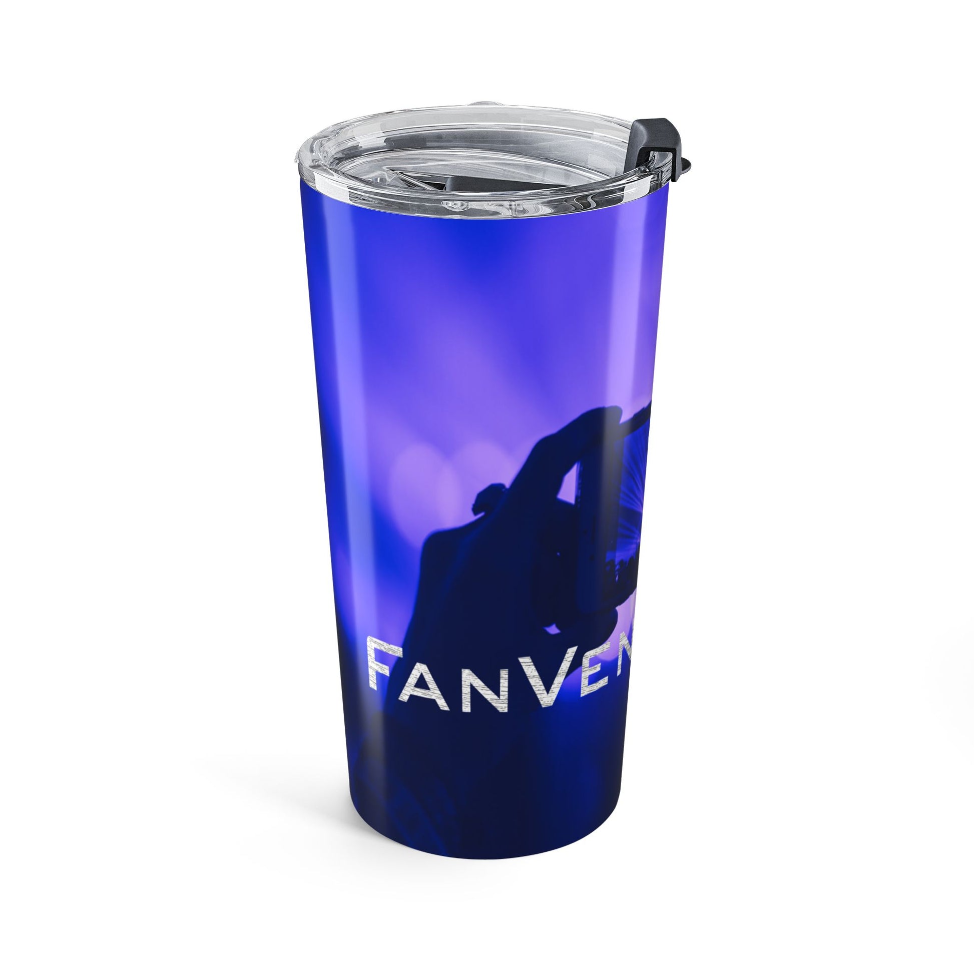 Blue tumbler with a silhouette design branding on a white background