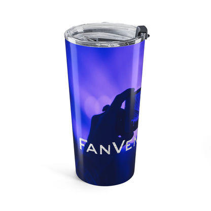 Blue tumbler with a silhouette design branding on a white background