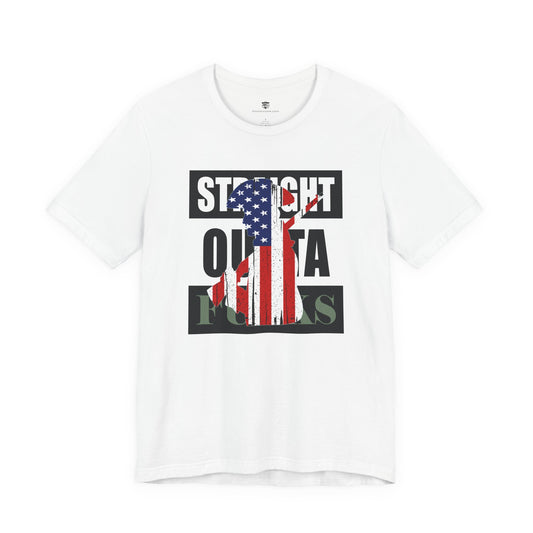 White t-shirt with American flag graphic and text on a white background