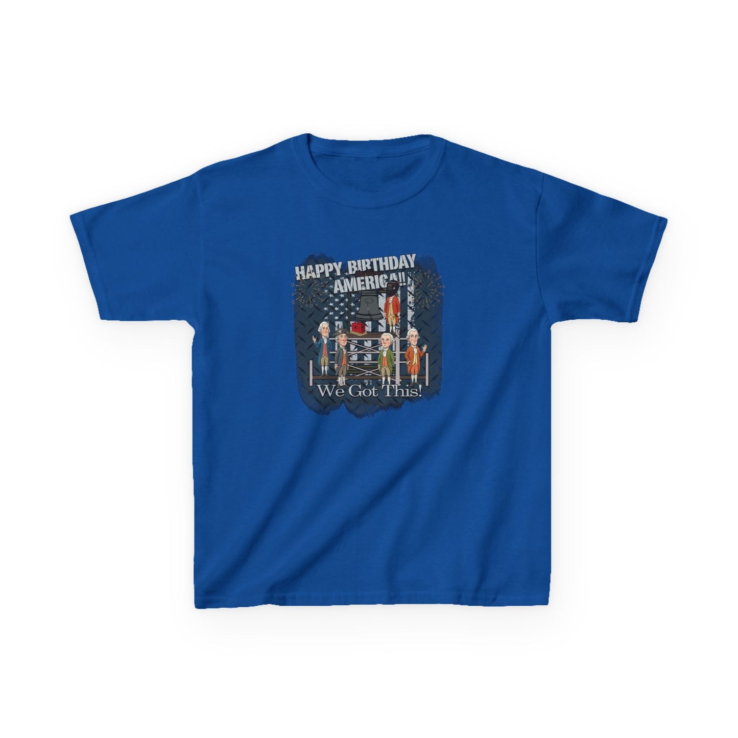 Blue t-shirt with graphic design and text on a white background